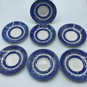 Churchill Blue Willow Set Of 7  Saucer Tea Cup Plate Made In England Vintage